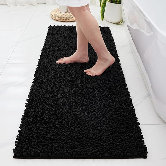 Non Slip Bathroom Rug Machine Washable Thick Black Bath Mat 24x44 Soft Absorbent Bathroom Floor Mat Chenille Bath Rug for Shower Tub