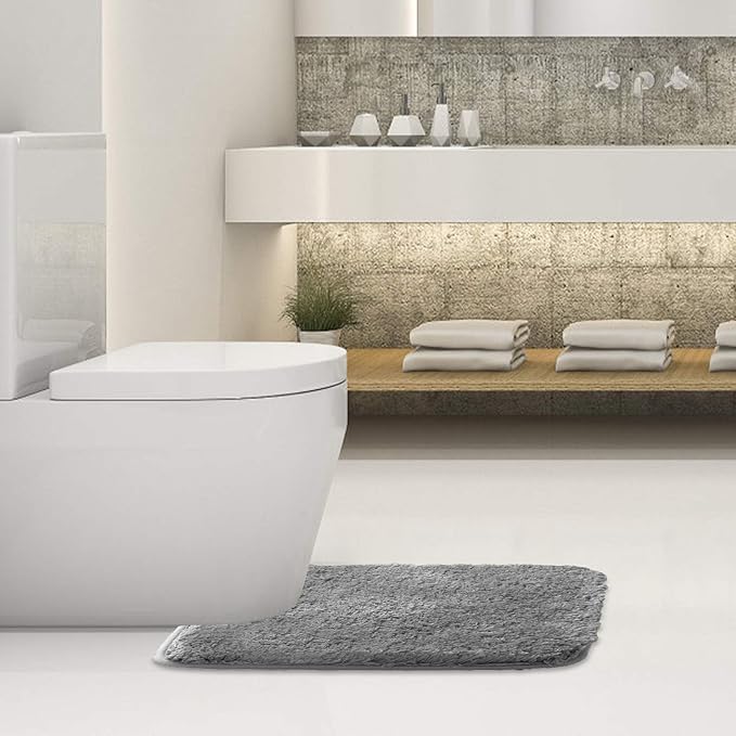 Suchtale Bathroom Contour Rug Non Slip Bath Mat Water Absorbent Soft Microfiber Shaggy Bathroom Mat Machine Washable Bath Rug for Bathroom Thick Plush U Shape Toilet Rug (20 x 24, Grey)