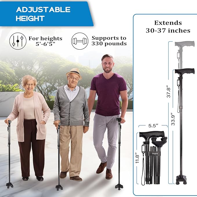 Folding Walking Quad Cane for Men and Women,Ultra Lightweight Sturdy Height Adjustable Nonslip Rubber Tips Free Standing Cane,Collapsible Walking Sticks for Seniors & Adults [Black]