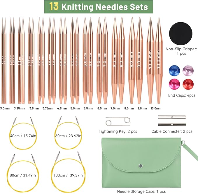 Aeelike Interchangeable Knitting Needles Set,13 Pairs Circular Knitting Needles Aluminum (Size 3.0mm-10.0mm) with 4 Cables for Socks Blankets Cushions, Ideal Crochet Gift