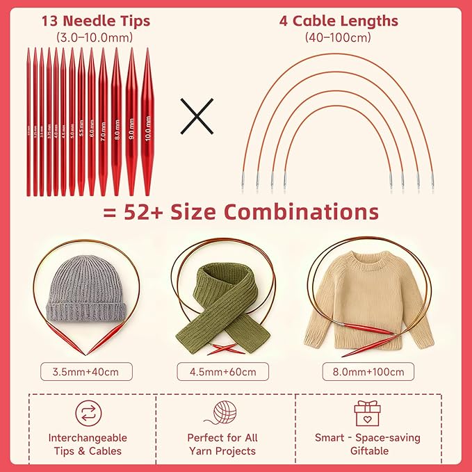 Interchangeable Circular Knitting Needles Set, 13 Pairs (26pcs) Glossy Red Aluminum Knitting Needles Kit, Sizes 3.0mm–10.0mm, Knitting Needle Case & Accessories for Knitting Beginners & Advanced