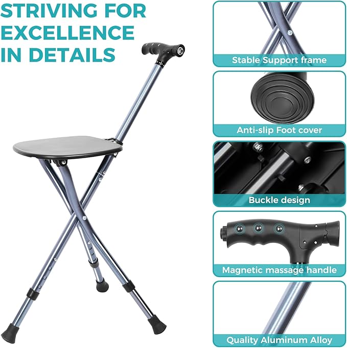 Portable Adjustable Folding Walking Cane with Seat ，Cane seat for Seniors with Magnetic Massage Handle, Supports up to 330 Pounds