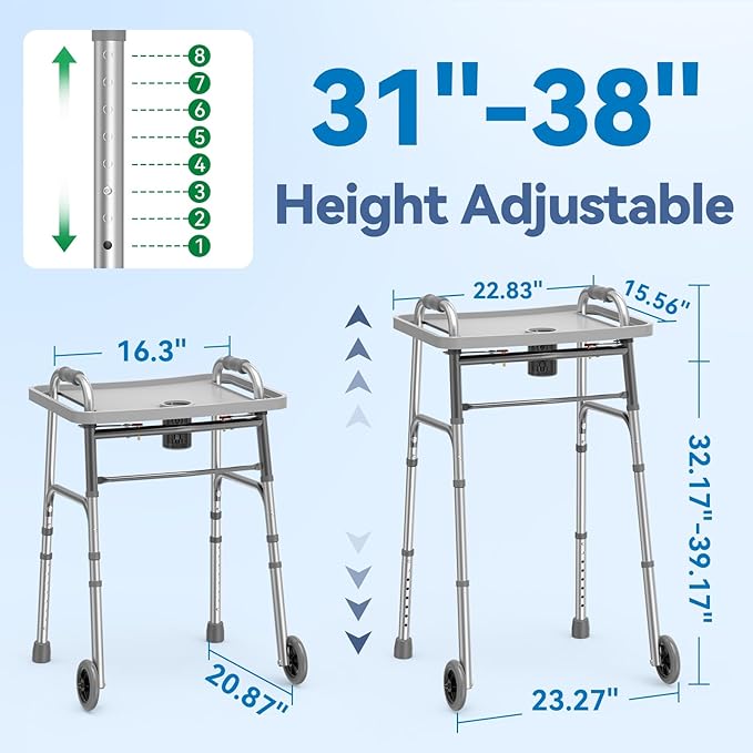 Folding Walker with Tray, 5" Wheels Lightweight Walkers for Seniors and Adults, Supports Up to 350 Pounds, Adjustable Height, Compact Standard Walker, Silver