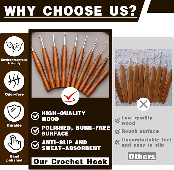 Nitlak 5 Pcs Crochet Hook, 5 Size Aluminum Ergonomic Crochet Hook with Wooden Handle for Arthritic Hands, Beginners, Crochet Needles for Knitting (1.5mm/2.5cm/3.5mm/4.5mm/5.5mm)