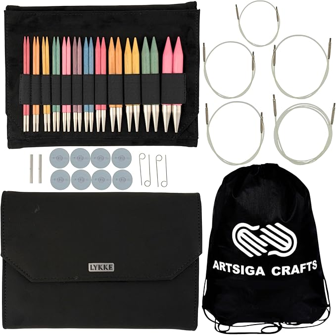 Lykke Colour 5 in. Complete Set US Sizes 4, 5, 6, 7, 8, 9, 10, 10.5, 11, 13, 15, 17 Interchangeable Circ. Knitting Needles for DK, Worsted, Chunky Yarns, Birch, 5 Cords, Black VS Case, Project Bag