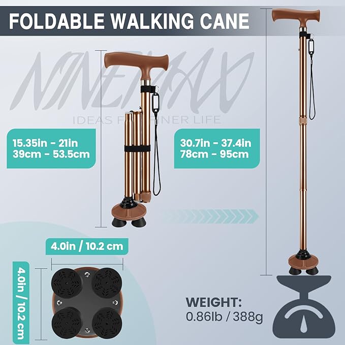 NINEMAX Walking Cane for Men Women Seniors, Foldable Collapsible Adjustable Free Standing T Handle Walking Stick, Lightweight Sturdy Folding Cane Portable for Stable and Balance