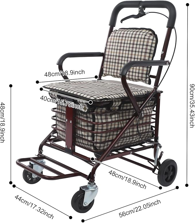 Wine Red Foldable Shopping Cart with Seat & Handbrake, 220lb Capacity, 55lb Basket, 4-Wheel Senior Rollator for Groceries