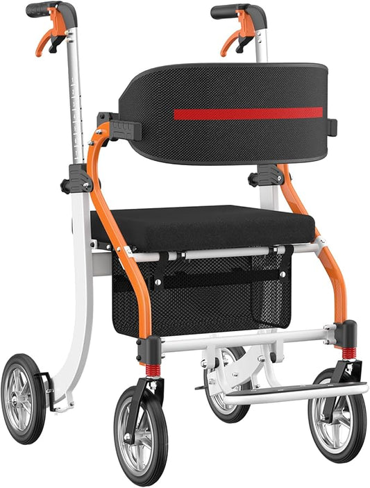 2 in 1 Walker Wheelchair Combo, Foldable Rollator Walkers for Seniors with Seat, Lightweight Rolling Walker with Height Adjustable, Easy Storage & Travel Walker Chair, No Installation, Orange
