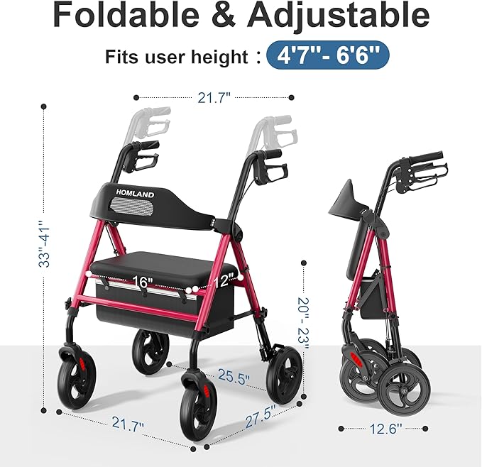 HOMLAND Foldable Rollator Walkers with Seat for Seniors, 8'' Big Wheels, 350 lb. Weight Capacity, Adjustable Handles and Seat Height, Lightweight Rolling Walker, Red