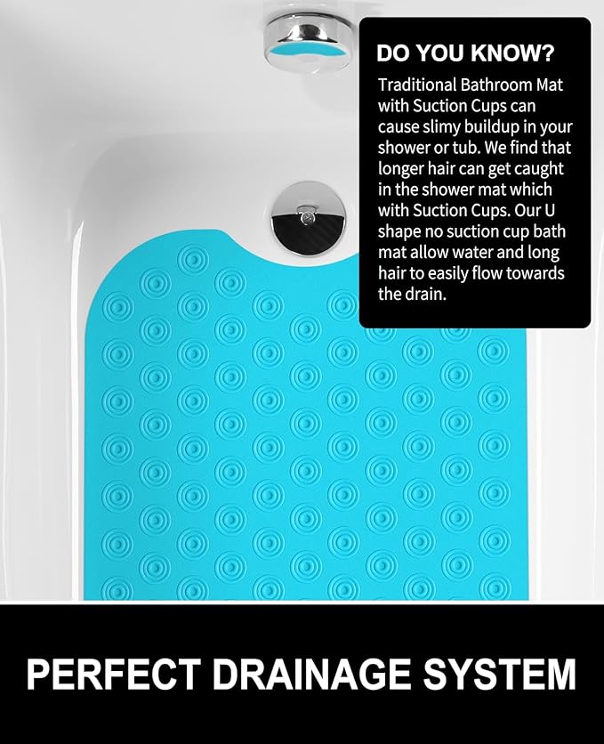 OTHWAY No Suction Cup Bath Mat: 39x16 inch Extra Long Bathmat│Perfect for Refinished or Ordinary Bath Tubs│Made of Nature Rubber│a Blessing for The Elderly and Children (Blue)