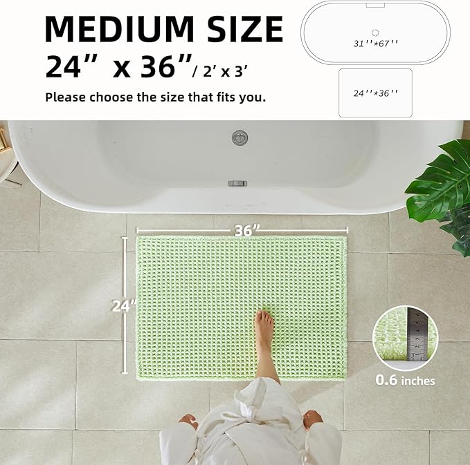 Waffle Bath Mat, Boho Bathroom Rugs Non Slip Washable Super Absorbent Quick Dry Cute Bath Mat Farmhouse Bathroom Decor, 36"x24" Pale Green