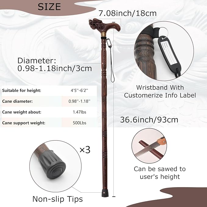 Wooden Walking Canes for Men and Women, Natural Rosewood Walking Sticks for Senior Support, Up to 500 Lbs Walking Stick, Heavy-Duty Walking Cane for Men, Suitable for Gift Giving