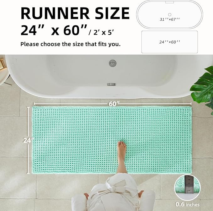 Waffle Runner Rug Bathroom, Long Boho Bathroom Rugs Non Slip Washable Super Absorbent Quick Dry Cute Bath Mat Farmhouse Bath Decor, 60"x24" Aqua Blue