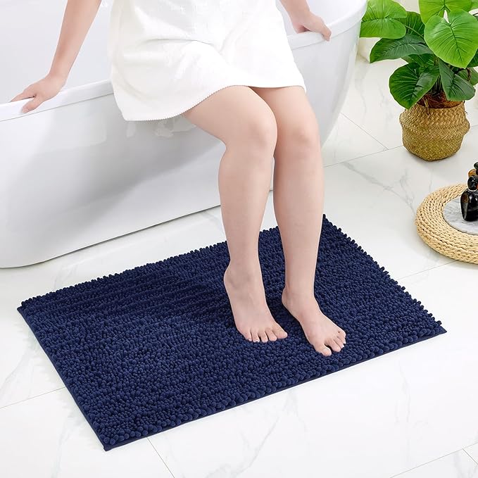 Small Bathroom Rug Non Slip Washable Navy Bath Mat 17x24 Super Absorbent Soft Bathroom Floor Mat Chenille Bath Rug for Shower Tub
