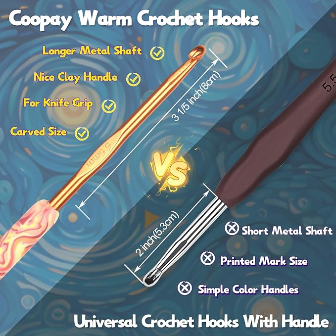 Coopay Warm Crochet Hooks Comfort Grip, Pretty Starry Night Art Handle Crochet Set for Beginners, Longer Aluminum Shaft Crochet Hook Set 2.0mm-6.0mm, Smooth Crochet Needles Set for Crochet Yarn