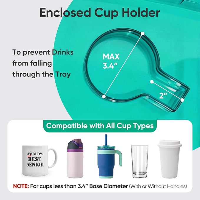 SoulThink® Full Transparency Walker Tray - Essential Walker Accessories Compatible with Most Walkers for Seniors, Walker Tray for Folding Walker with Utility Bag, Non-Slip Mat & Cup Holder (Green)