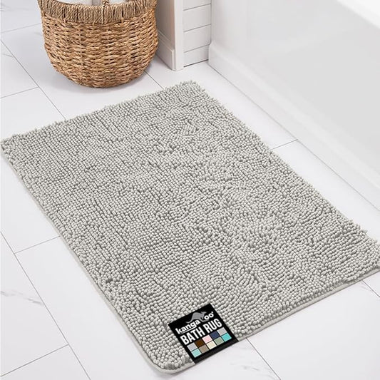 KANGAROO Bathroom Rugs, Chenille Soft Absorbent Bath Rug, Shaggy Shower Mat, Quick Dry Machine Wash Bathmat, Plush Carpet Mats for Tub, Bathtub and Room Home Decor Accessories, 60x24, Light Gray