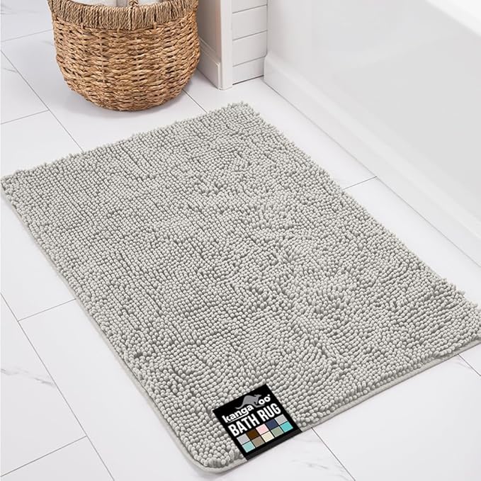 KANGAROO Bathroom Rugs, Chenille Soft Absorbent Bath Rug, Shaggy Shower Mat, Quick Dry Machine Wash Bathmat, Plush Carpet Mats for Tub, Bathtub and Room Home Decor Accessories, 24x17, Light Gray
