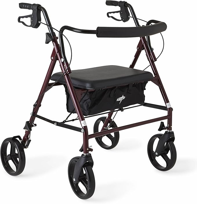 Medline Large Steel Bariatric Rollator Walker with Adjustable Handles, Padded Seat & Backrest, Burgundy, 500 lb. Weight Capacity, Foldable, Under Seat Storage, 8" Wheels, For Seniors & Adults