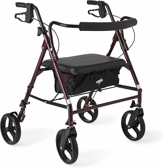 Medline Large Steel Bariatric Rollator Walker with Adjustable Handles, Padded Seat & Backrest, Burgundy, 500 lb. Weight Capacity, Foldable, Under Seat Storage, 8" Wheels, For Seniors & Adults
