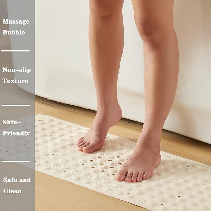 YANZIFLY Bathtub Mat for Shower: Soft Silicone Bath Mat Non Slip with Suction Cups Tub Mat for Bathroom for Family Extra Large Shower matt Machine Washable - Beige