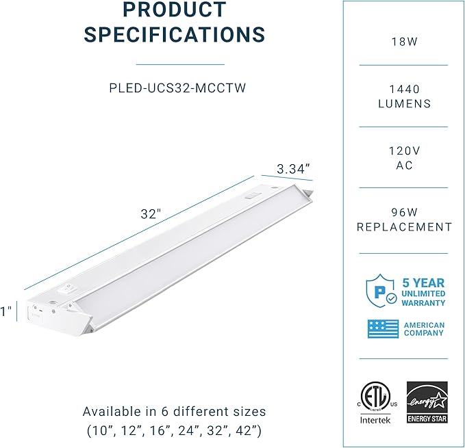 PARMIDA LED Swivel Under Cabinet Lighting, Hardwired or Plug-in Installation, 32 Inch, 18W, 5CCT Color Selectable - 2700K/3000K/4000K/5000K/6000K, Rotatable Lens, Dimmable, Linkable, 120V, 1440LM, ETL