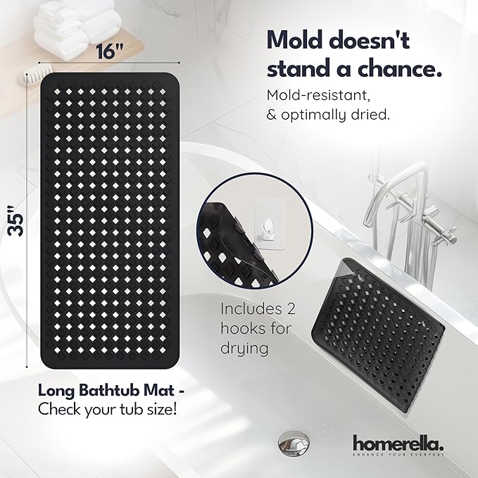 homerella® Bathtub Mat Non Slip 35x16, Incl. Hooks for Drying, Extra Long, 100% BPA Free, Shower Mat Non Slip Anti Mold, Machine Washable, Shower Mats for Inside Shower Mildew Resistant