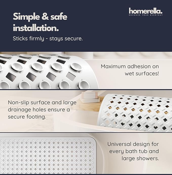 homerella® Bathtub Mat Non Slip 35x16, Incl. Hooks for Drying, Extra Long, 100% BPA Free, Shower Mat Non Slip Anti Mold, Machine Washable, Shower Mats for Inside Shower Mildew Resistant
