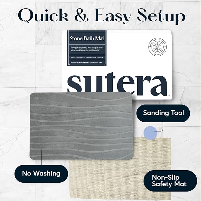 SUTERA - Stone Bath Mat, Diatomaceous Earth Shower Mat, Non-Slip Super Absorbent Quick Drying Bathroom Floor Mat, Natural, Easy to Clean (23.5 x 15 Gray, 2 Pack)