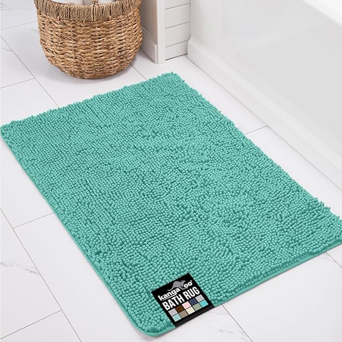 KANGAROO Bathroom Rugs, Chenille Soft Absorbent Bath Rug, Shaggy Shower Mat, Quick Dry Machine Wash Bathmat, Plush Carpet Mats for Tub, Bathtub and Room Home Decor Accessories, 24x17, Turquoise