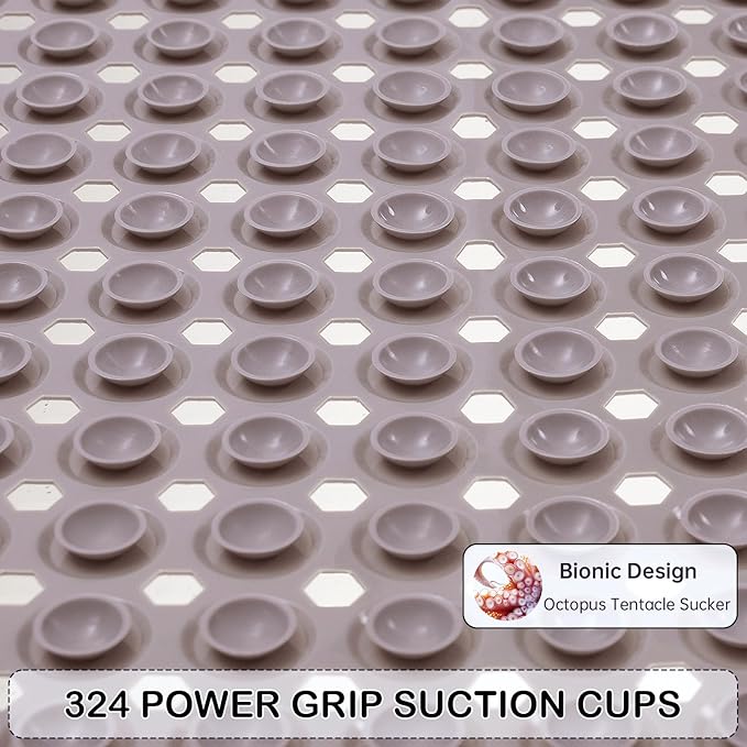 Linoows Non-Slip Bathtub and Shower Mats, Power Grip Bath Mat 35 x 16.3 Inch with Suction Cups and Drain Holes for Tub Bathroom Floor Safety, Machine Washable Soft Bathmat, Tan