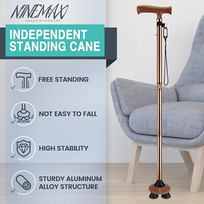NINEMAX Walking Cane for Men Women Seniors, Foldable Collapsible Adjustable Free Standing T Handle Walking Stick, Lightweight Sturdy Folding Cane Portable for Stable and Balance