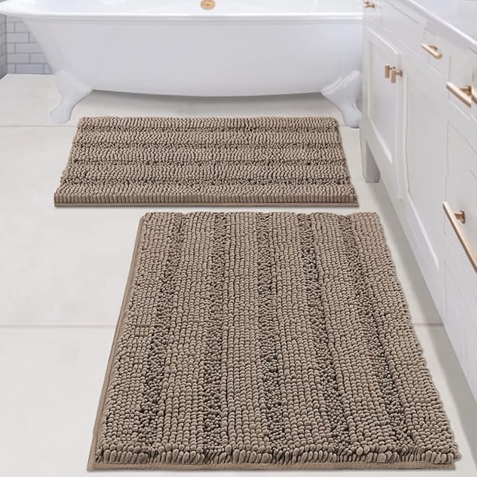 H.VERSAILTEX 2 Piece Bathroom Set - Super Absorbent Chenille Striped Bath Mats, Non Skid, Machine Washable (Taupe Brown, 24 x 36 Plus 20 x 32 - Inches)