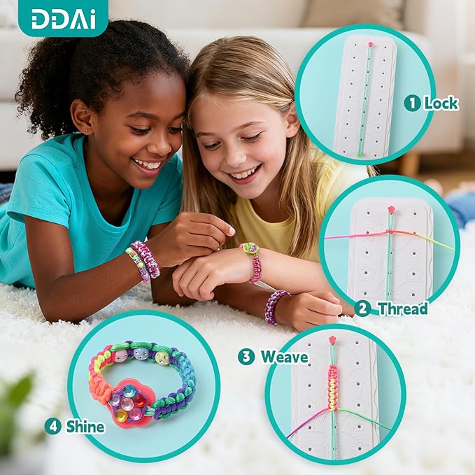 DDAI Bling Bracelet Kit for Girls Age 7-12 – Sparkly Friendship Craft Set with Gems, Threads & Stickers – Birthday Gift for 8 9 10 11 Year Old Girls & Holiday Surprise