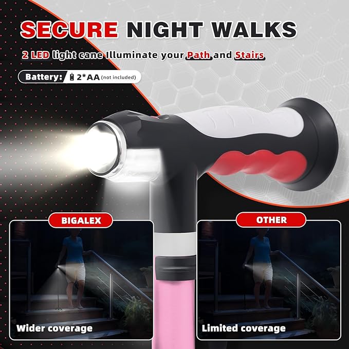 BigAlex Folding Walking Cane with Two Led Lights for Elderly Solid Base Adjustable Walking Stick with Carrying Bag for Men Women