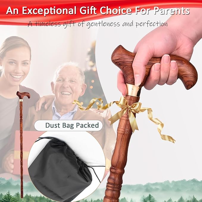 Wooden Walking Canes for Men and Women, Natural Rosewood Walking Sticks for Senior Support, Up to 500 Lbs Walking Stick, Heavy-Duty Walking Cane for Men, Suitable for Gift Giving