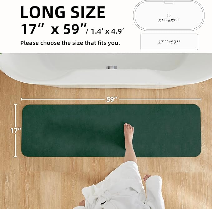Bathroom Mat Quick Dry, Bathroom Rugs Non Slip Washable Thin Absorbent Bath Mat Fits Under Door Bathroom Floor Mat Perfect for Bath, Shower, or Sink 17"x59" Dark Green