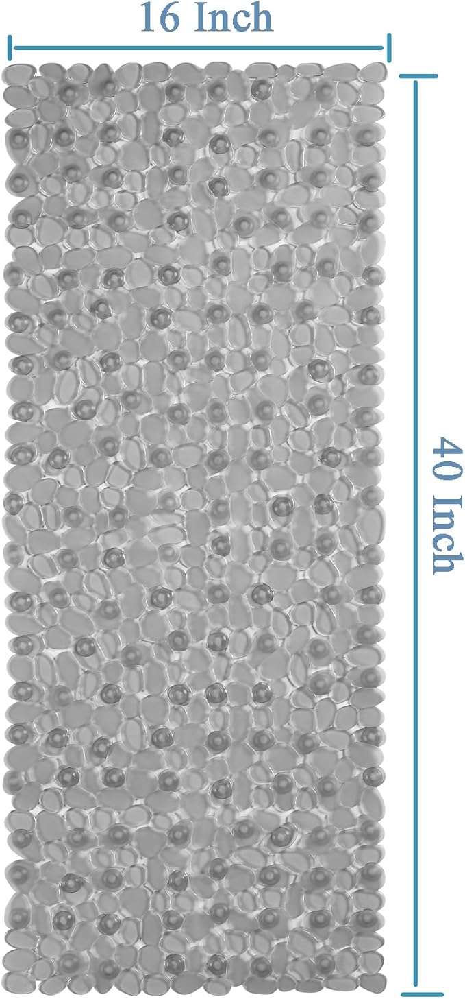 Bath Shower Mat Non Slip: Extra Large Pebble Bathtub mat for Families, Anti Slip Shower Matt with Drain Holes Suction Cups Tub Mat - 16 X 40 Inch Clear Grey