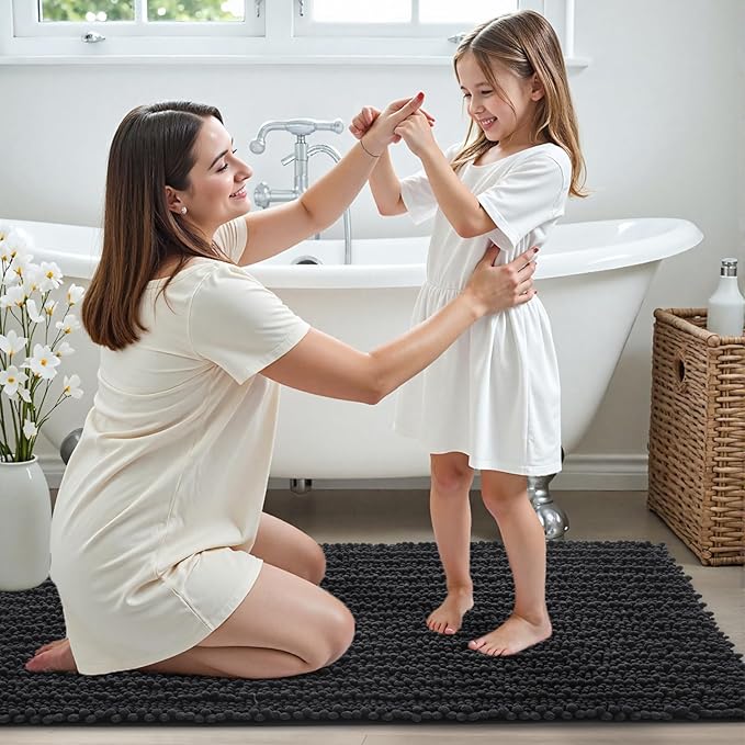 Bathroom Runner Rug 24x60 Non Slip Washable Long Bath Mat for Tub Thick Soft Absorbent Bathroom Floor Mat Large Chenille Bath Rug for Shower, Black