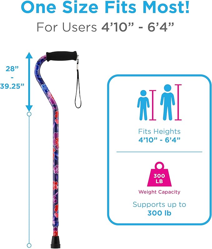 Nova Joy Designer Offset Walking Cane for Seniors - Unisex Adjustable Lightweight Aid with Foam Handle, Wrist Strap and Anti-Rattle Lock - Essential Mobility Support - Maui Flowers