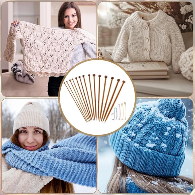 7 Pairs Bamboo Knitting Needles Set & 5PCS Safety Pin Brooch Weaving Sweater Knitting Tool,Long Wooden Single Point Straight Needles, for Beginners for Making Sweater,Shawl,Scarf