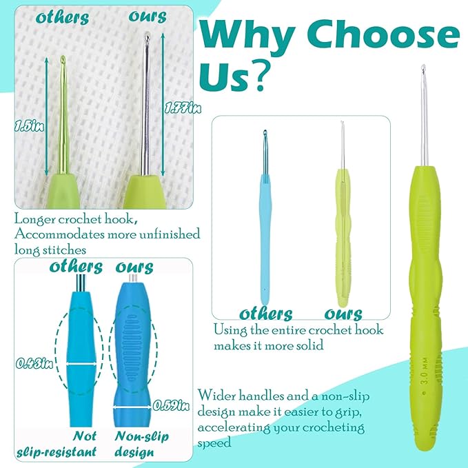 Lewhoo Crochet Hooks, 9 Size Ergonomic Crochet Hook Set with Roll Felt Case, Beginner Long Needle for Arthritic Hands, Size from 2.0mm-6.0mm/B-J