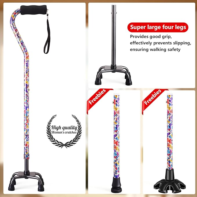 Walking Cane for Women & Men, Adjustable Quad Cane with 4-Prong Base for Stability and Balance, Folding Aluminum Walking Stick for Seniors