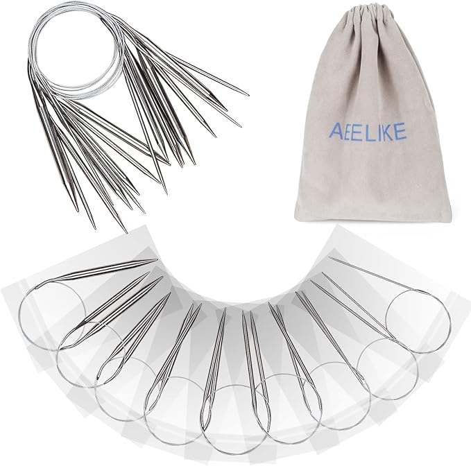 Aeelike Circular Knitting Needles Set Stainless Steel Knitting Needles 32-inch, 9 Pack Knitting Needles Round with Cable, Long & Smooth Metal Round Needles Gift for Mother Grandmother