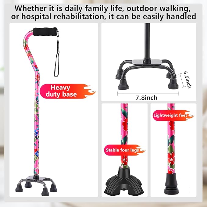 Walking Cane for Women & Men, Adjustable Quad Cane with 4-Prong Base for Stability and Balance, Folding Aluminum Walking Stick for Seniors