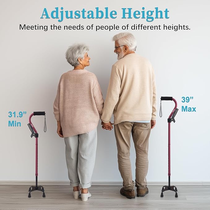 AOHHL Quad Walking Cane Foldable Adjustable Portable Stick Men & Women and Seniors - Lightweight & Sturdy with 4-Pronged Base for Extra Stability Balance,Self Standing Gifts for mom Dad