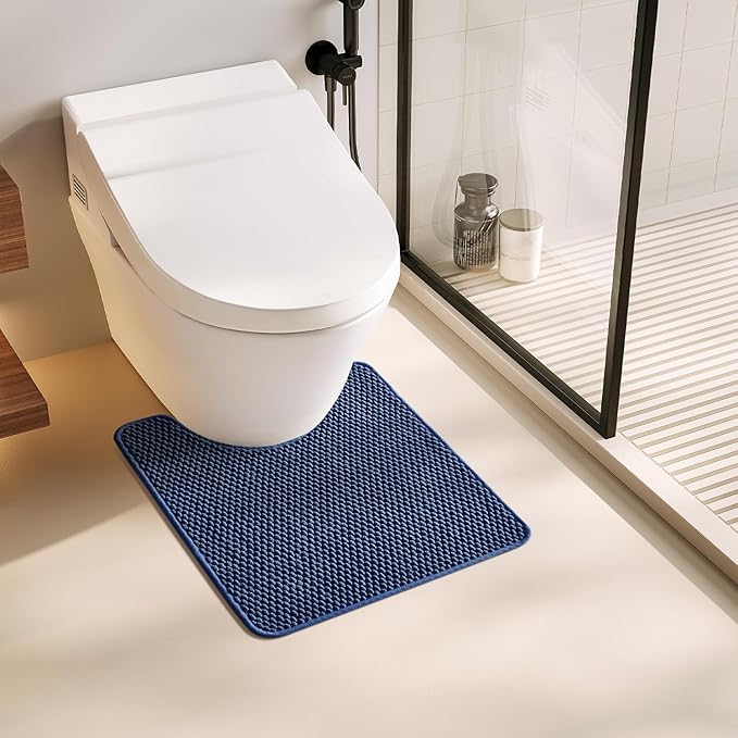 Toilet Rug, Thin Toilet Rugs U Shaped Washable Non Slip Absorbent Quick Dry Low Pile Toilet Mat, Navy Blue 20"x24" U Shape