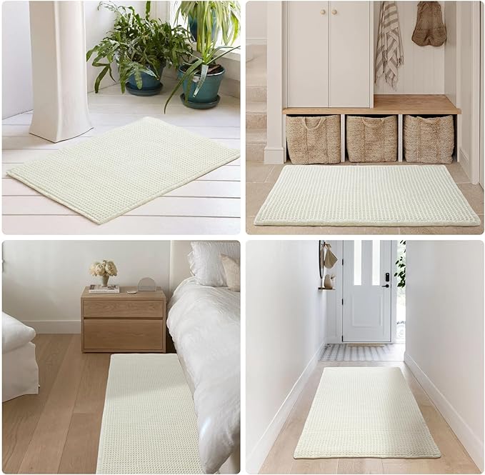 Cream White Bathroom Rugs, Waffle Bath Mat Non Slip Washable Super Absorbent Quick Dry Boho Farmhouse Bathroom Decor, 48"x24" Cream White