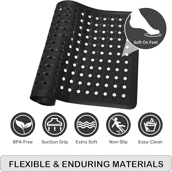 Linoows Non-Slip Bathtub and Shower Mats, Power Grip Bath Mat 35 x 16.3 Inch with Suction Cups and Drain Holes for Tub Bathroom Floor Safety, Machine Washable Soft Bathmat, Black