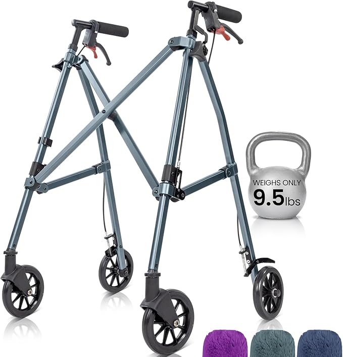 Vive Mobility Lightweight Walker for Seniors - Narrow, Folding Walker w/Wheels for Small & Tight Spaces - Light Weight for Balance, Compact Doorways, Foldable - Portable & Collapsible for Travel